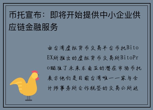 币托宣布：即将开始提供中小企业供应链金融服务